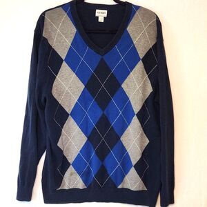 Old Navy Men's XL Argyle Preppy Sweater Dark Blue V Neck Cotton